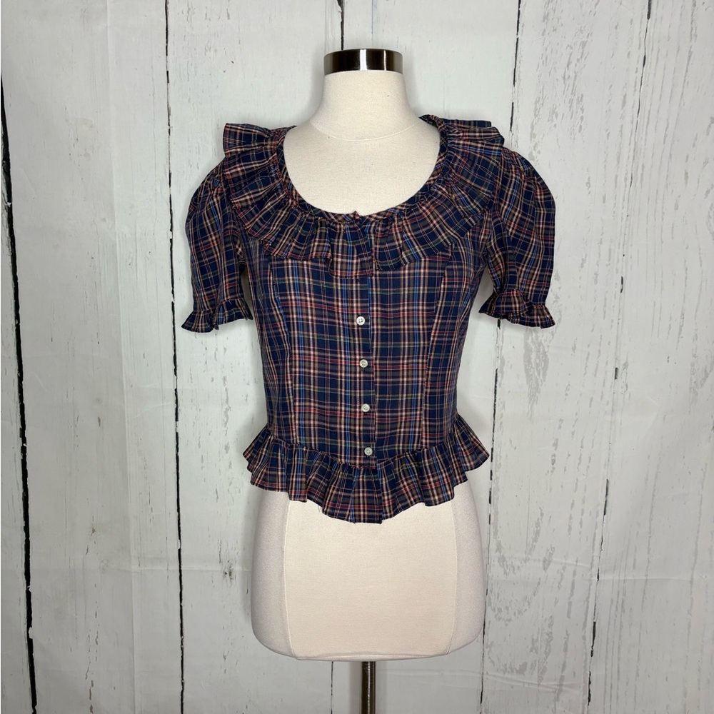 Plaid Ruffle Peplum Top - Navy Multi